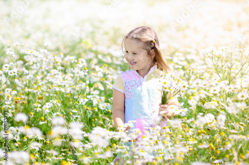 Little girl picking flowers in daisy field