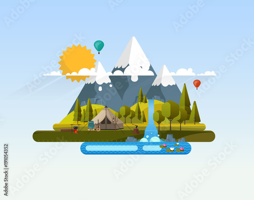 Vector Abstract Flat Design Landscape with Wild Camp.