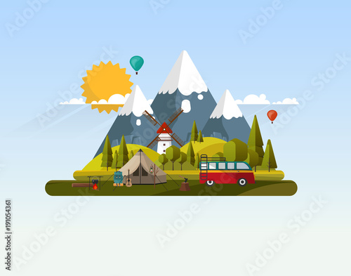 Vector Abstract Flat Design Landscape with Wild Camp.