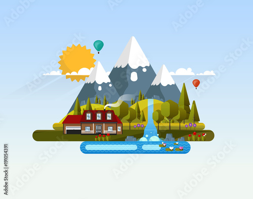 Vector Abstract Flat Design Landscape with House Building.