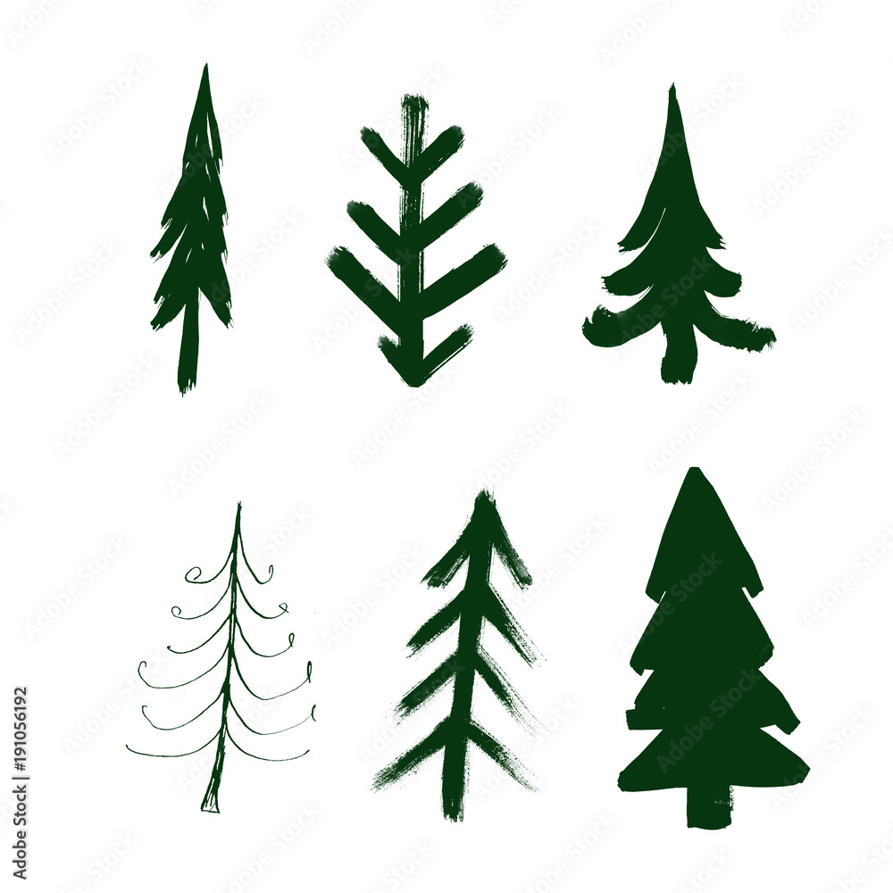 Fir tree set, watercolor ink illustration, object isolated on white background.