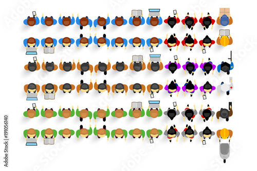 Set of top view people, different poses, vector citizens