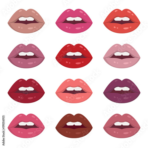 Lipstick palette. Vector illustration of sexy woman's lips with different matte lipstick tones, such as red, nude, pink and violet. Isolated on white.