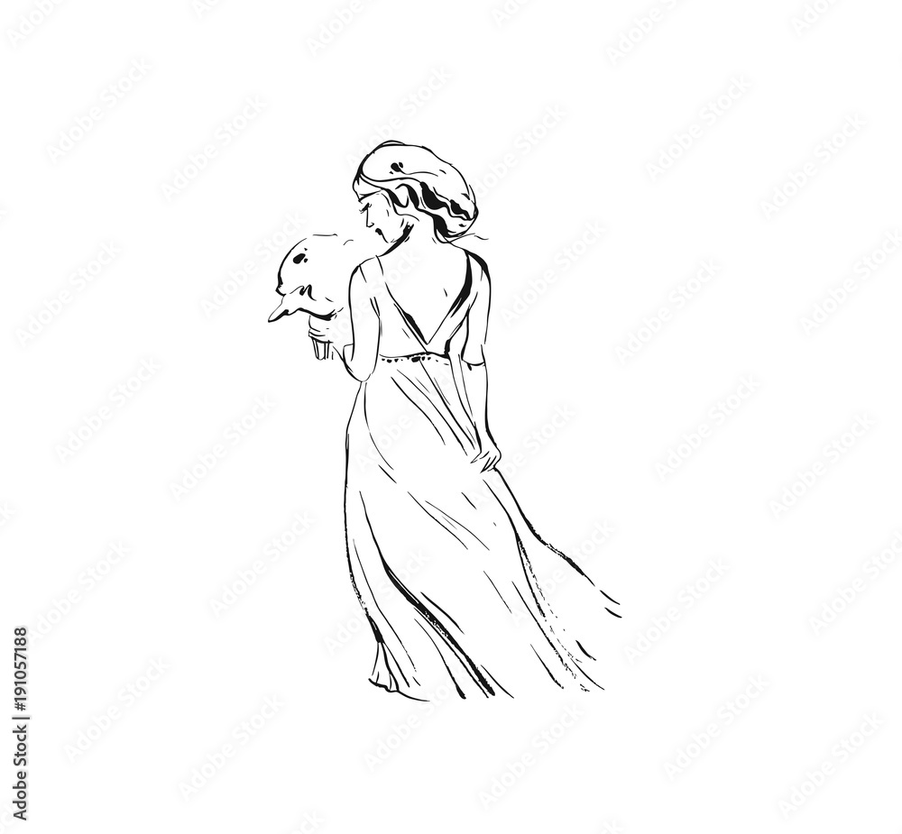 Hand drawn vector abstract graphic ink drawing illustration sketch of bride wedding girl in dress with flowers bouquet isolated on white bacjground