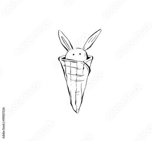 Hand drawn vector abstract ink graphic sketch illustration icon with gelato ice cream waffle cone in funny bunny shape isolated on white background