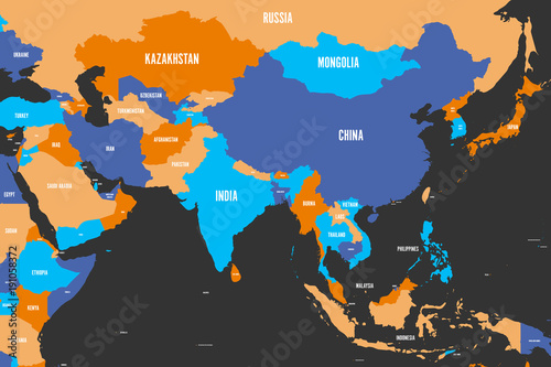 Colorful political map of western, southern and eastern Asia. Simple flat vector illustration.