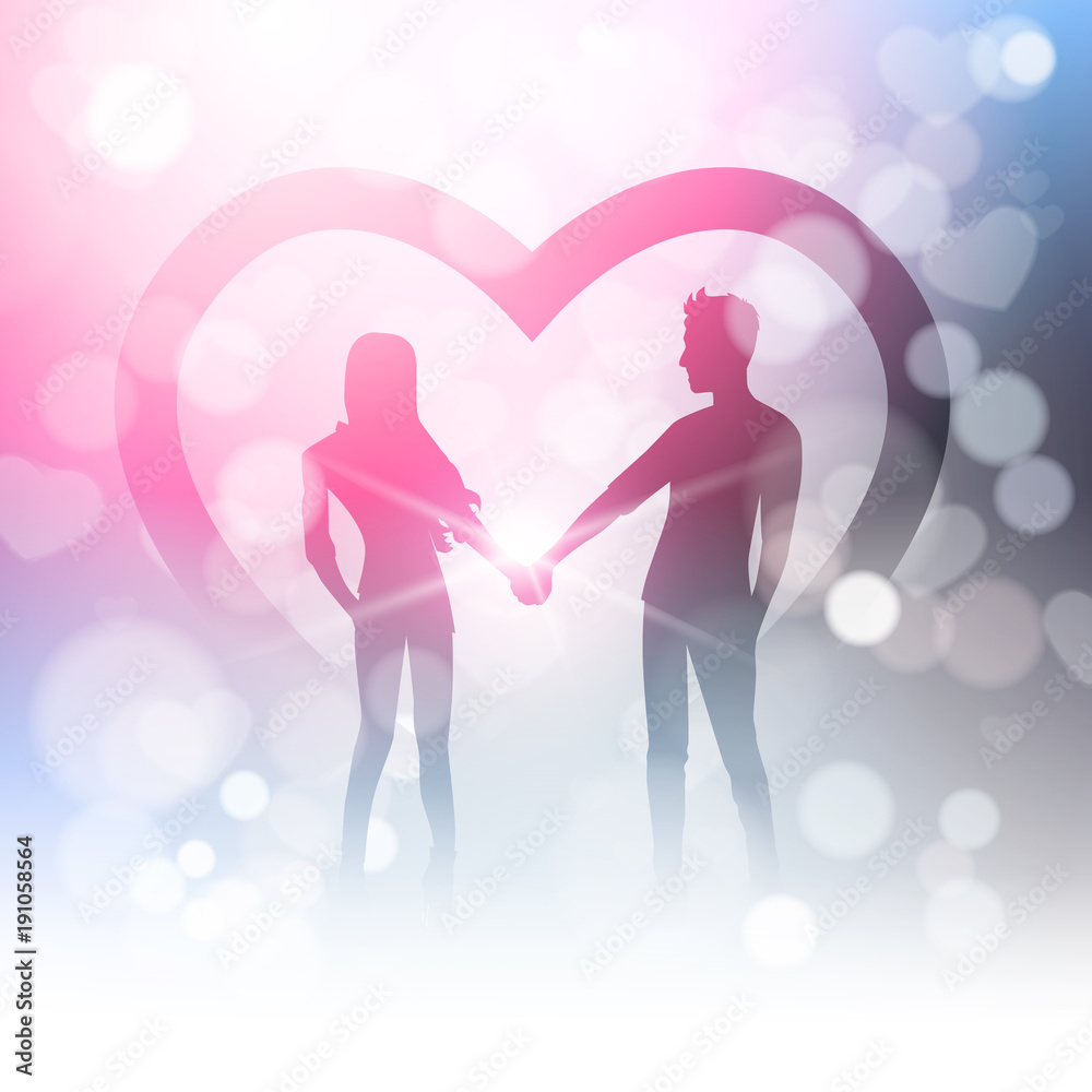 Couple Hold Hands Over Bokeh Background And Heart Shape In Blur Shiny Light Vector Illustration
