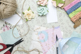 creative workplace with paper, scrapbooking