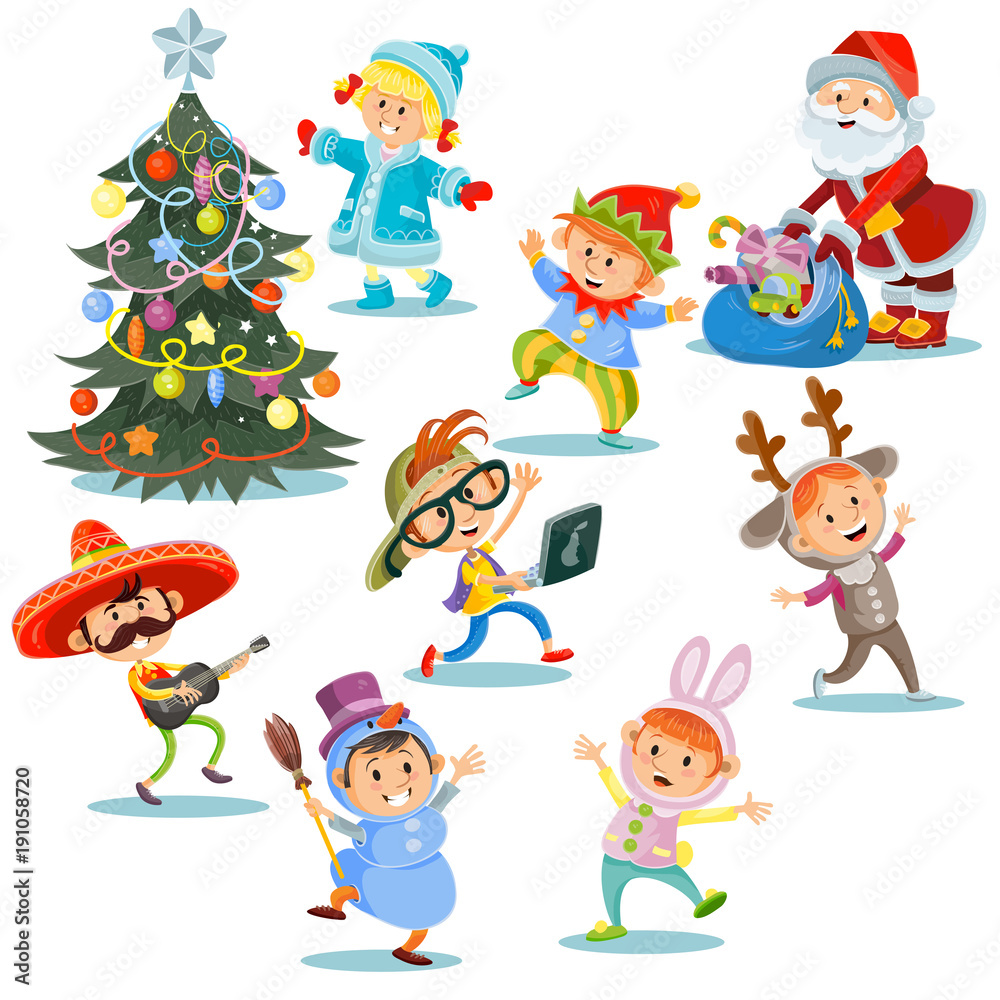 Vector Christmas carnival party, children in costumes with Santa Claus with presents for cheerful kids in fancy dresses. Group of boys and girls in masquerade costumes dance near New Year tree Vector Christmas carnival party, children in costumes with Santa Claus with presents for cheerful kids in fancy dresses. Group of boys and girls in masquerade costumes dance near New Year tree