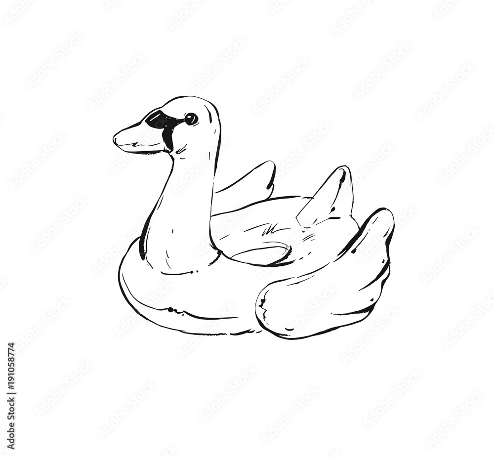 Hand drawn vector abstract graphic summer time ink drawing sketch of swan swimming  pool float ring isolated on white background Stock Vector | Adobe Stock
