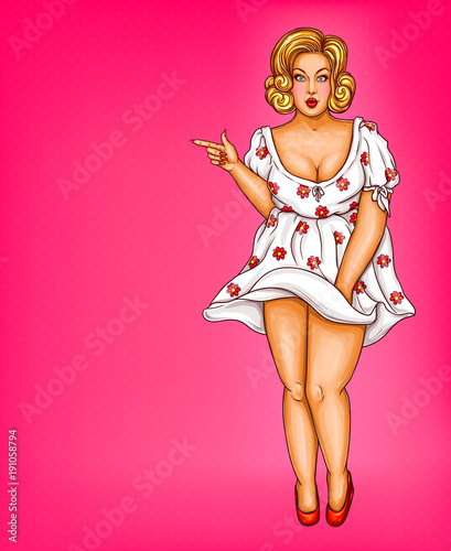 Vector fat, obese blonde pin up woman, pop art xxl, plus size model in white dotted dress pointing a finger at discounts, sale. Fashion illustration. Overweight concept.