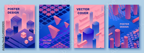 Abstract violet isometric posters set in trendy purple color with geometric 3d shapes, brochure collection, futuristic background, colorful bright vector illustration, cover, print