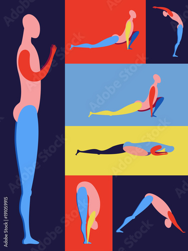 modern linear drawing of a yoga pose surya-namaskar asana set poster