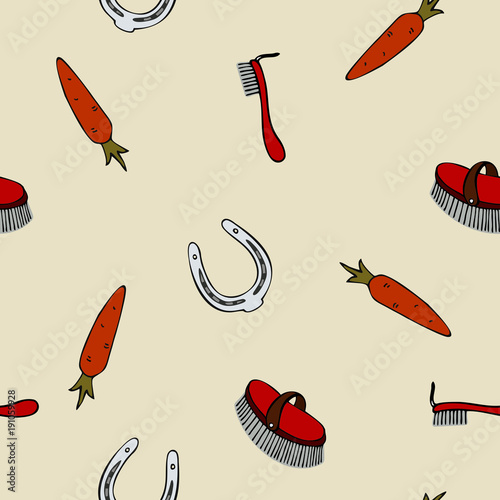 seamless pattern cartoon equestrian sport horse grooming brush horseshoe and carrot