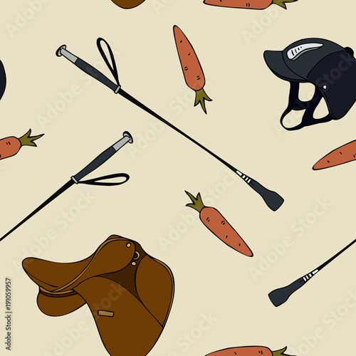 seamless pattern cartoon equestrian sport carrot saddle whip helmet