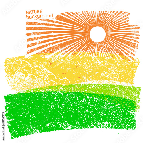 Landscape nature background with fields and sun in sky.