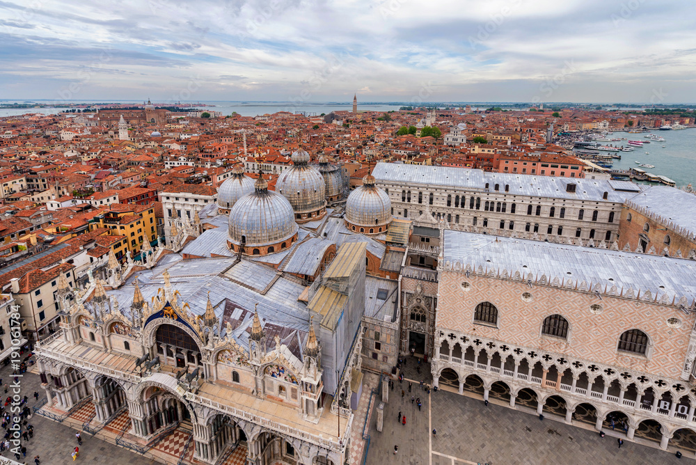 Aerial view of Venice city with Doge palace and Basilica santa maria , San macro . Venice is most popular travel destination in the world