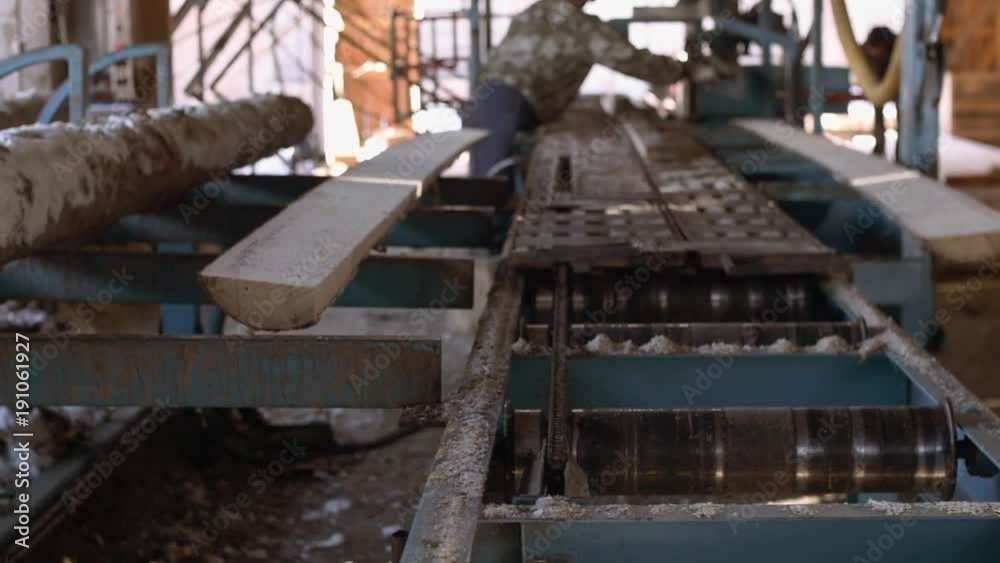 Woodworker operates on workbench at sawmill, cutting timber, lots of sawdust, sunny day outside Woodworker operates on workbench at sawmill, cutting timber, lots of sawdust, sunny day outside