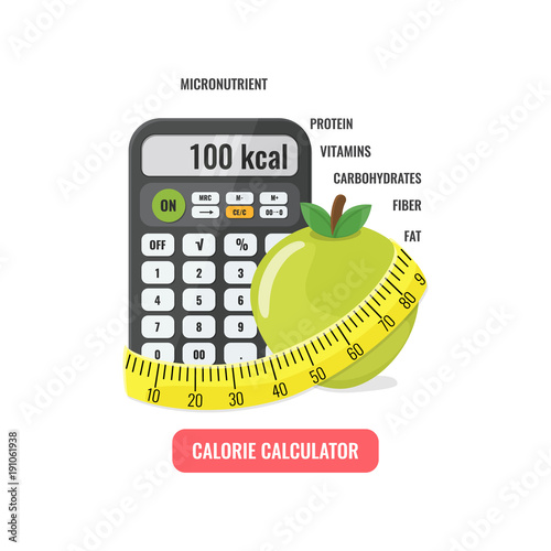 Calculator with apple and measuring tape.