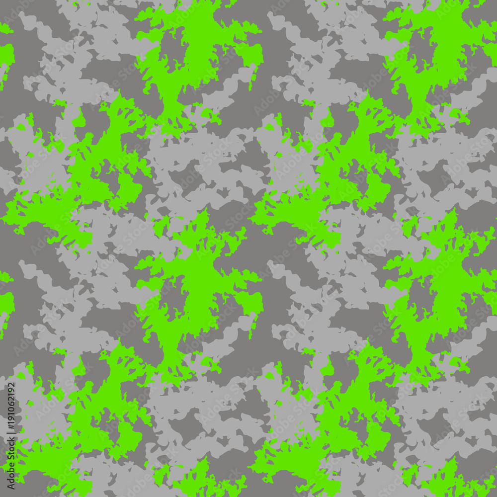 Neon green and gray UFO camouflage is a bright seamless pattern. Can be used as a camo print for clothing and background and backdrop or computer wallpaper