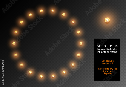 Vector realistic light bulb translucent isolated design element. Glow lamps circle shape frame on transparent background. Illuminated round banner. Glowing lights billboard for advertising.