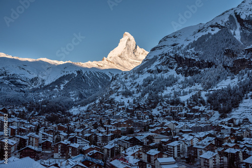 Early Morning landscape View on Zermatt city village  Valley and Matterhorn Peak in the Morning, Switzerland