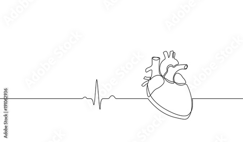 Single continuous line art anatomical human heart silhouette. Healthy medicine concept design one sketch outline drawing vector illustration