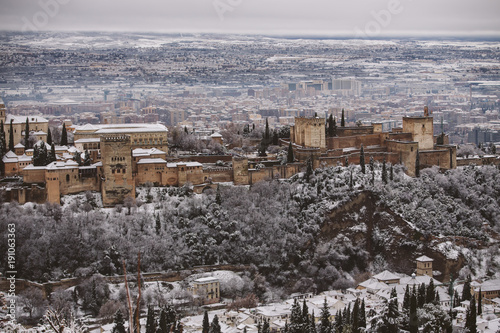 The Alhambra of Granada covered with snow.