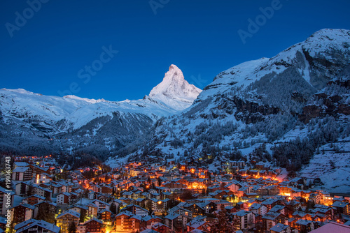 Fotografie, Obraz Early Morning landscape View on Zermatt city village  Valley and Matterhorn Peak