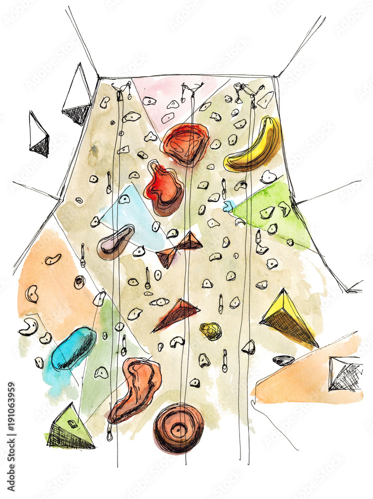 Watercolor hand drawn sketch illustration of climbing wall isolated on