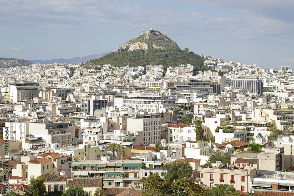 Panoramic view of mount Lycabettus and surrounding cityscape buildings from Athens Acropolis, Greece