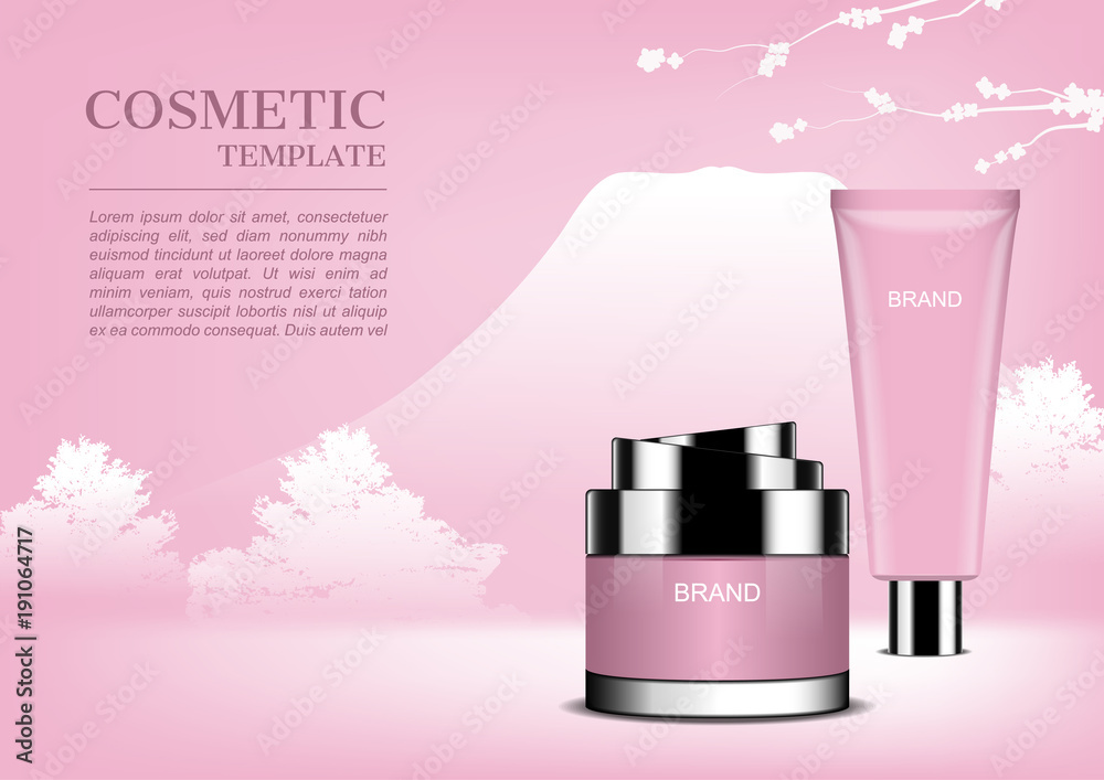 Cosmetic cream on pink mountain and bushes background