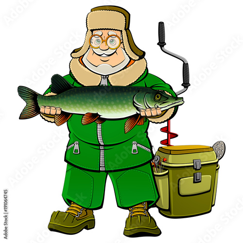 Old fisherman caught a large pike on a winter ice fishing.