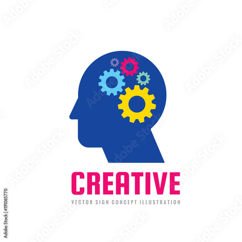 Human head and brain process with gears - vector business logo concept illustration in flat design style. Creative idea symbol. Graphic element. 