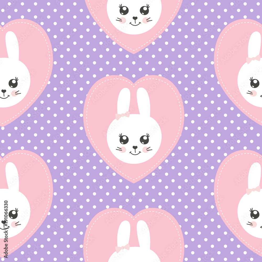 Cute baby pattern with little bunny. Cartoon animal girl print vector seamless. Sweet lilac polka dot background for kid wallpaper, children clothing fabric, bedroom textile, princess birthday party.