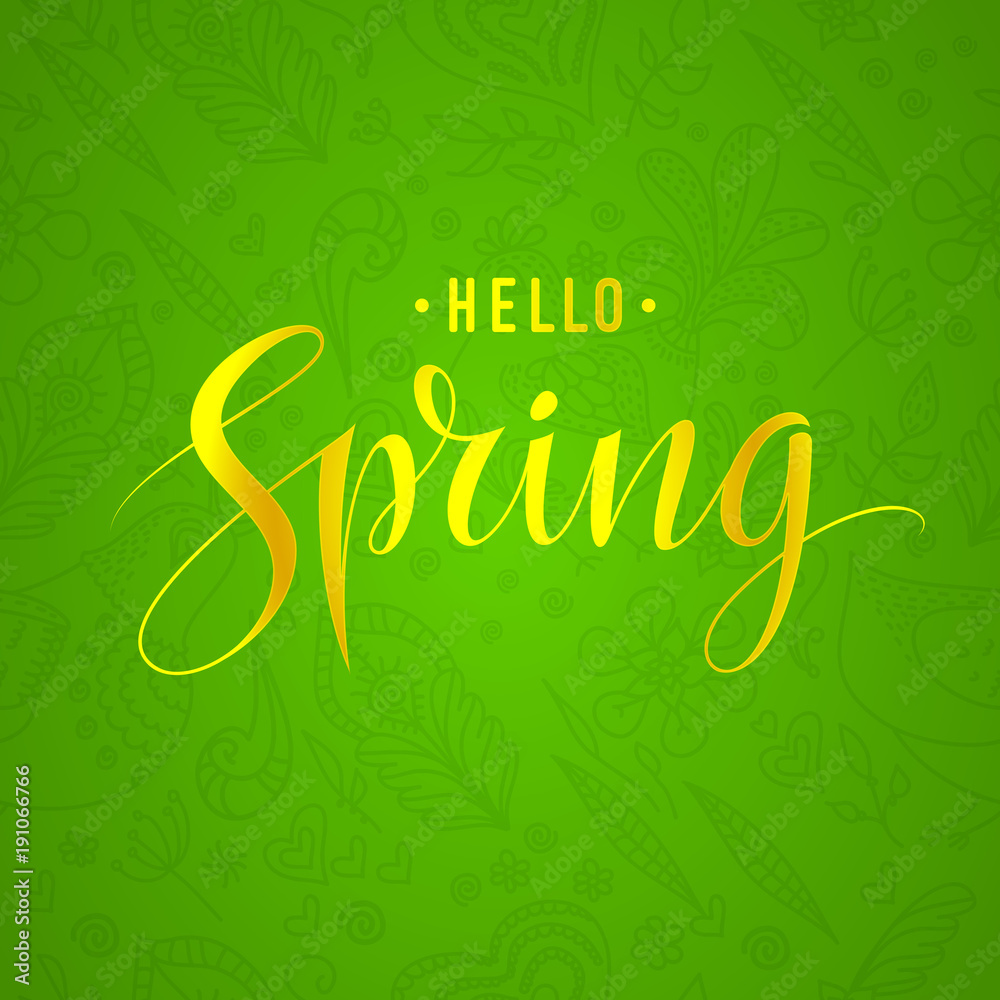 Hello Spring gold lettering typography on green nature pattern with flowers, hearts, birds and leaves. Vector illustration. EPS 10
