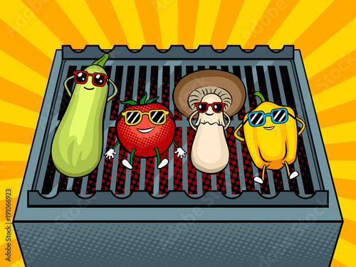 Vegetables on bbq pop art vector illustration
