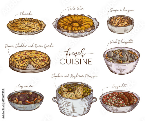 French cuisine. Collection of delicious food. Isolated elements. Concept design for decoration restaurants, menu. Vintage hand drawn vector illustration