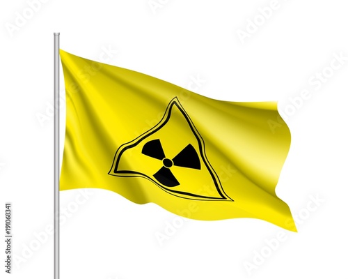 Yellow radiation sign triangle on yellow, realistic waving banner. Warning about threat to life, dangerous factory or plant, the production or storage of various substances. Vector illustration