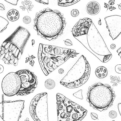 Fast food seamless pattern. Hand drawn vector illustration. Menu design with pizza, burritos, tacos, burgers and french fries. Engraved style image.