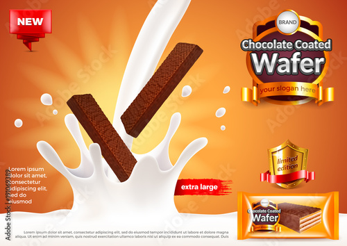 Chocolate coated wafer ads. Pouring milk vector background