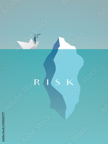 Business risk vector concept with businessman in paper boat sailing close to iceberg. Symbol of danger, challenge, courage.