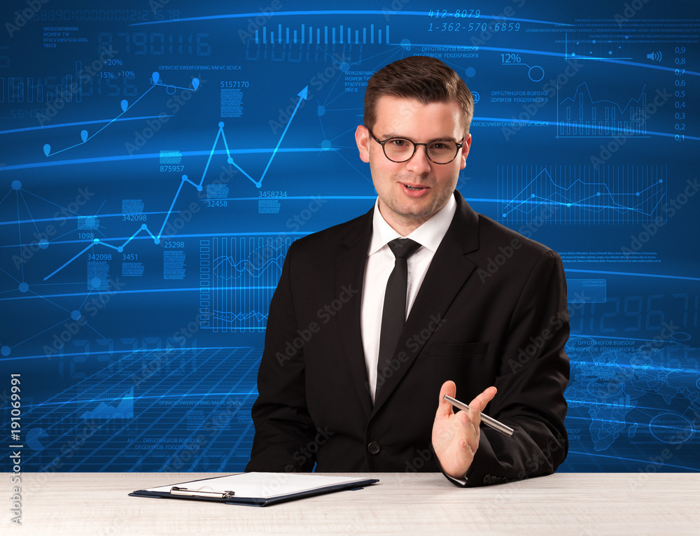 Stock data analyst in studio giving adivce on blue chart background Stock data analyst in studio giving adivce on blue chart background