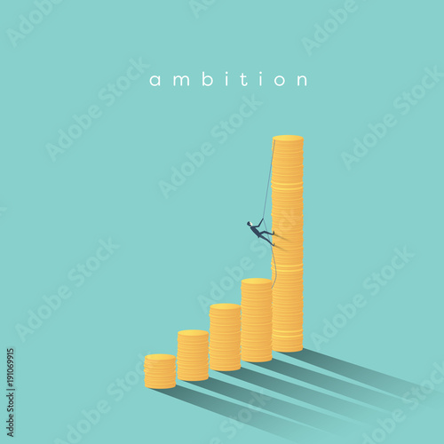 Business promotion and pay rise vector concept. Businessman climbing on coins. Symbol of success, profit, achievement.