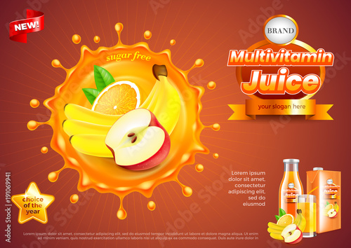 Multivitamin juice ads. Fruits in splash vector background