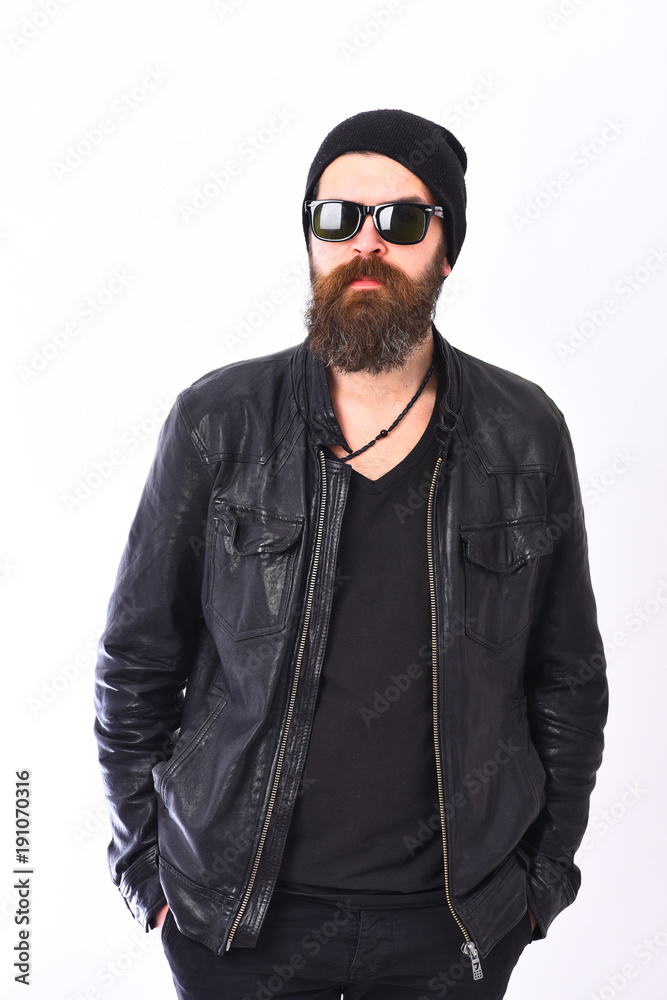 Obraz premium Urban lifestyle concept. Guy with beard in black leather jacket