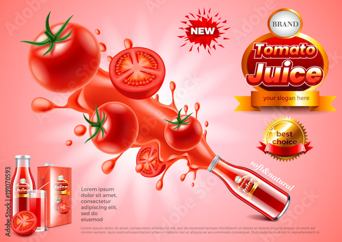 Tomato juice ads. Glass bottle explosion vector background
