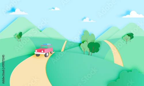 Road trip with car and natural pastel color scheme backgroud