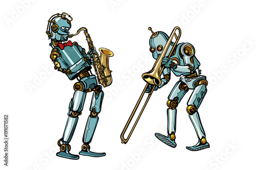 brass band musicians robots, saxophone and trombone