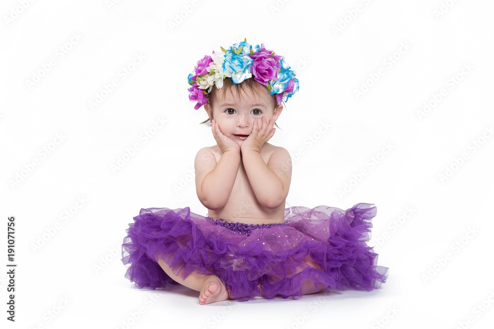Beautiful girl wearing a crown of flowers with different expressions isolated on white Beautiful girl wearing a crown of flowers with different expressions isolated on white